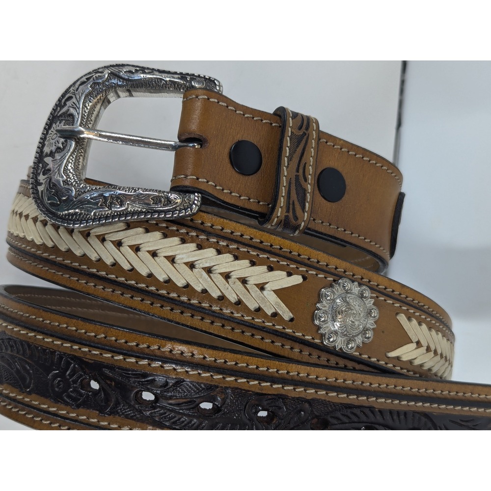 G Bar D Mens 42 Western Belt Cognac Leather Whipstitch Removable Buckle 9558500